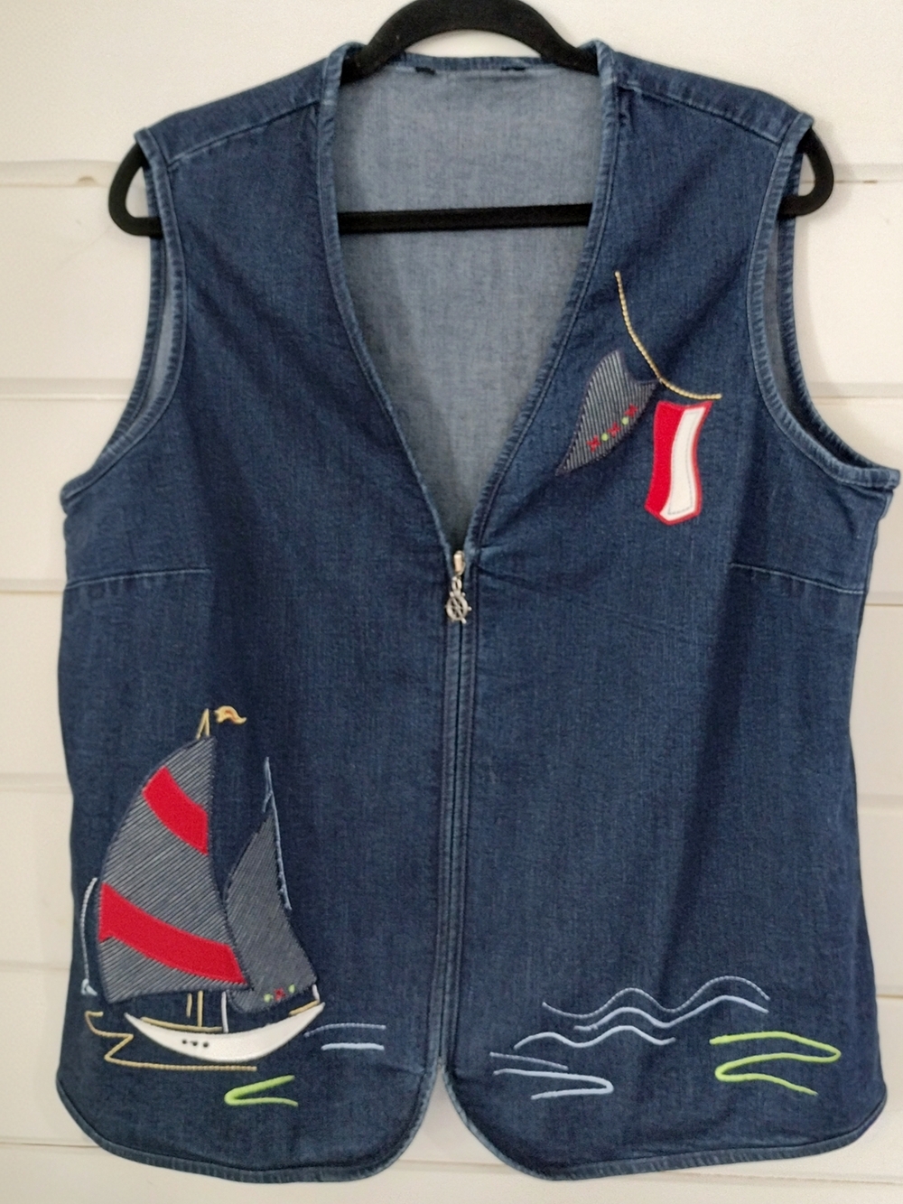 Vintage Nautical Denim Vest Sailboat Embroidered Coastal XL - Picture 2 of 8